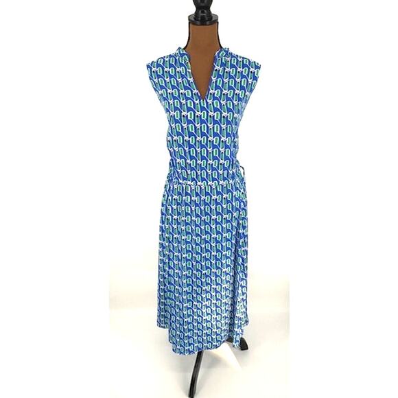 Anne Klein Blue and Green Printed Sleeveless Cinched Waist Maxi Dress – Large - Picture 1 of 6